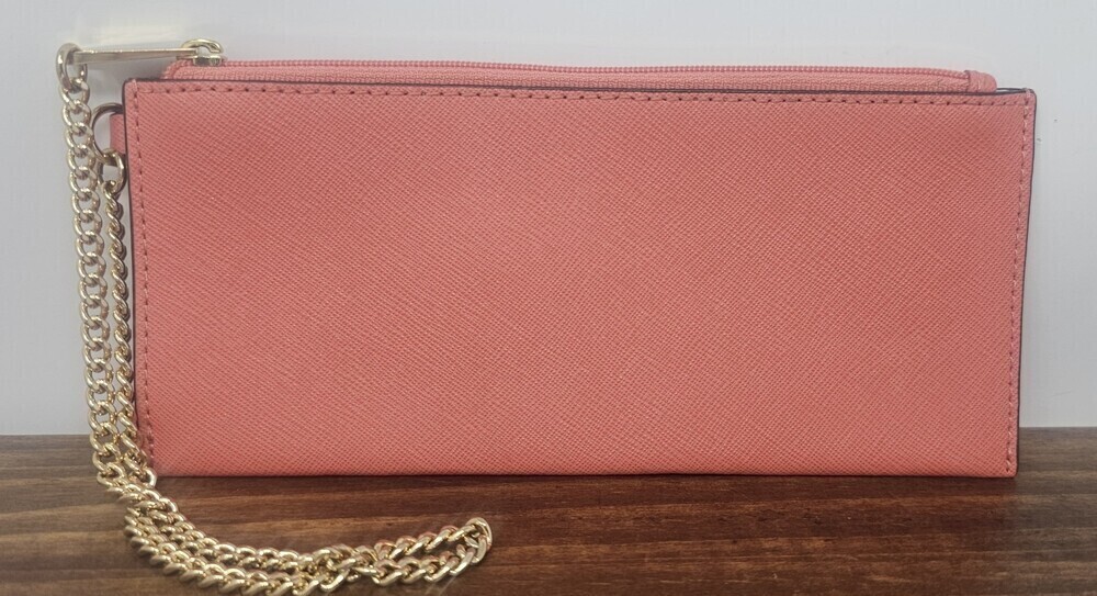 Michael Kors Textured Leather Chain Card Money Case Wallet Wristlet Coral Gold